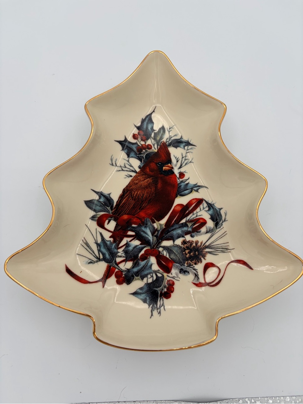 Lennox winter greeting cardinal Christmas tree candy dish retired